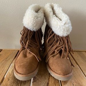 Tan Faux Suede and Sherpa Wedge Winter Boots with Fringe